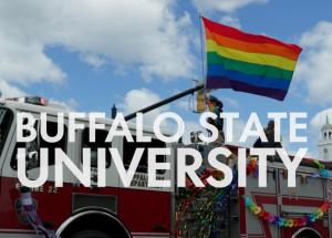 Text reading Buffalo State University over an image of a Pride Parade float